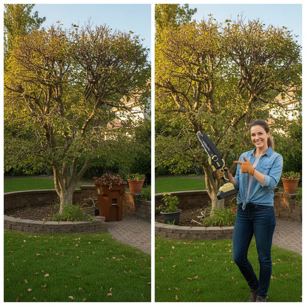 Before and after with M9 mini lithium chainsaw – overgrown tangled branches vs neatly pruned tree with clean cuts-minisawpro