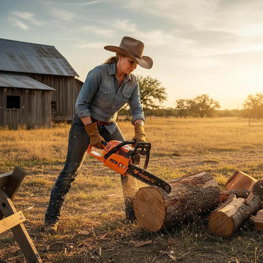 American woman cutting firewood on Texas ranch property with 2J000 25.4cc strong cutting petrol chainsaw-minisawpro