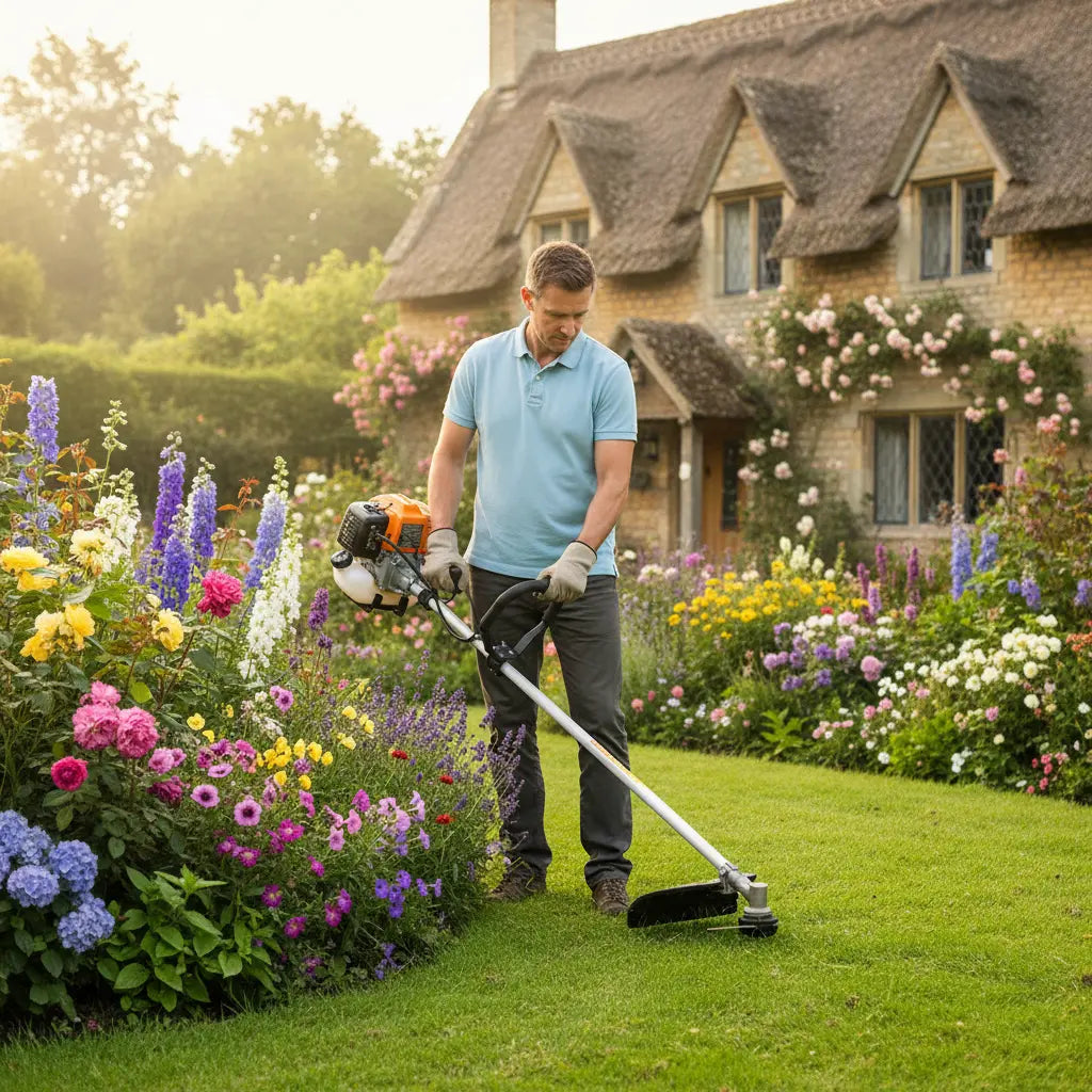 Man trimming flower bed edges in English cottage garden with MIP1399 35.8cc 4-stroke gas grass trimmer-minisawpro