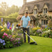 Man trimming flower bed edges in English cottage garden with MIP1399 35.8cc 4-stroke gas grass trimmer-minisawpro