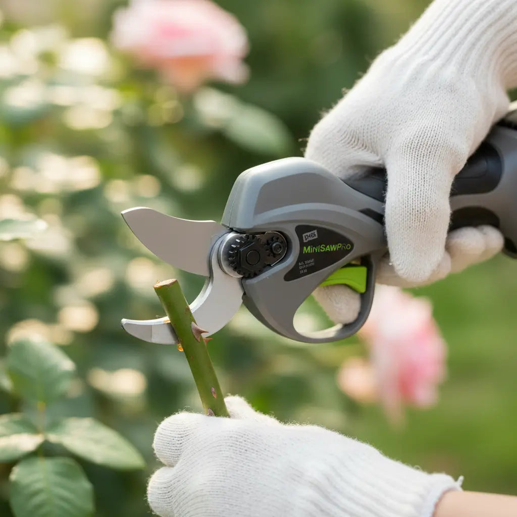 A5-MINISAWPRO electric pruning shears sharp blade close-up cutting rose stem – precision cordless garden pruner