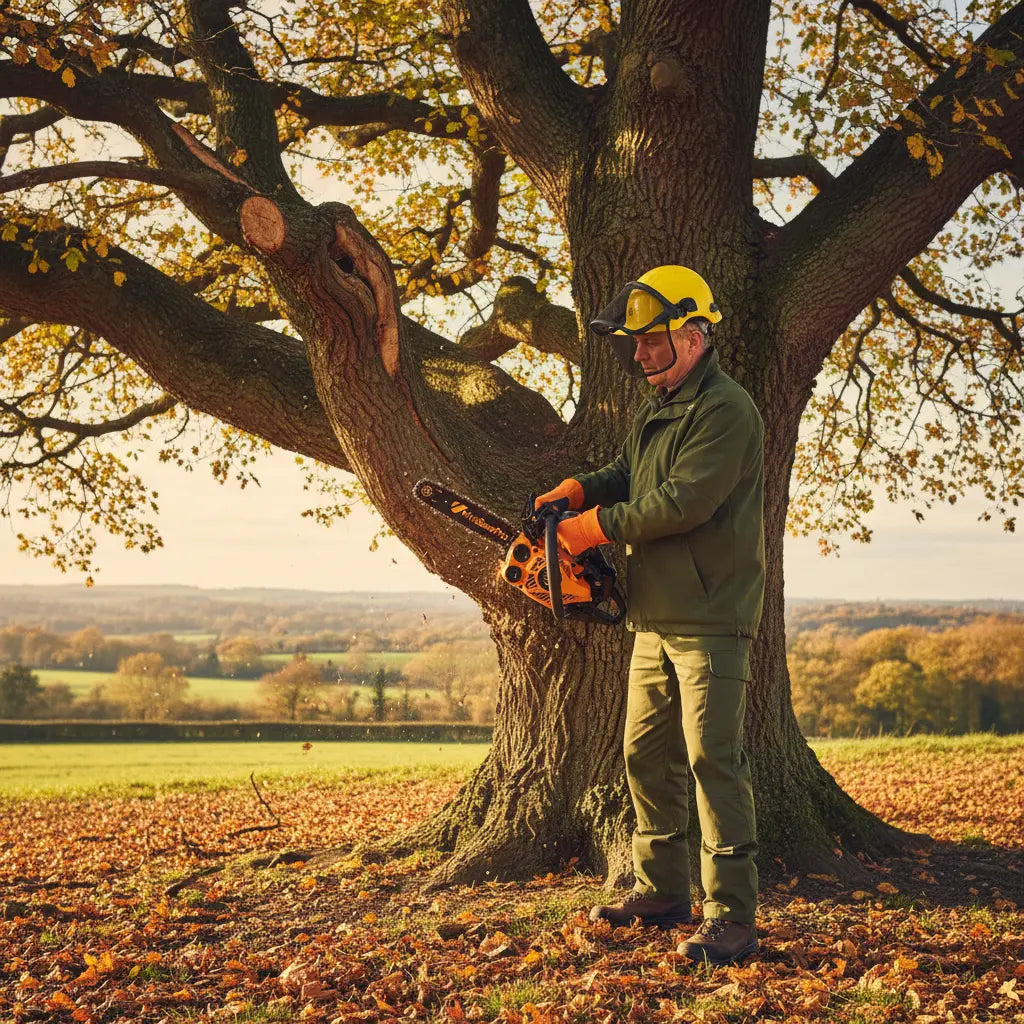 British forest ranger pruning heritage oak tree in English country park with 2J00 25.4cc petrol chainsaw-minisawpro