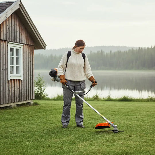 Woman maintaining Scandinavian lakeside summer house lawn with CLA200 35cc 4-stroke efficient gas grass trimmer-minisawpro