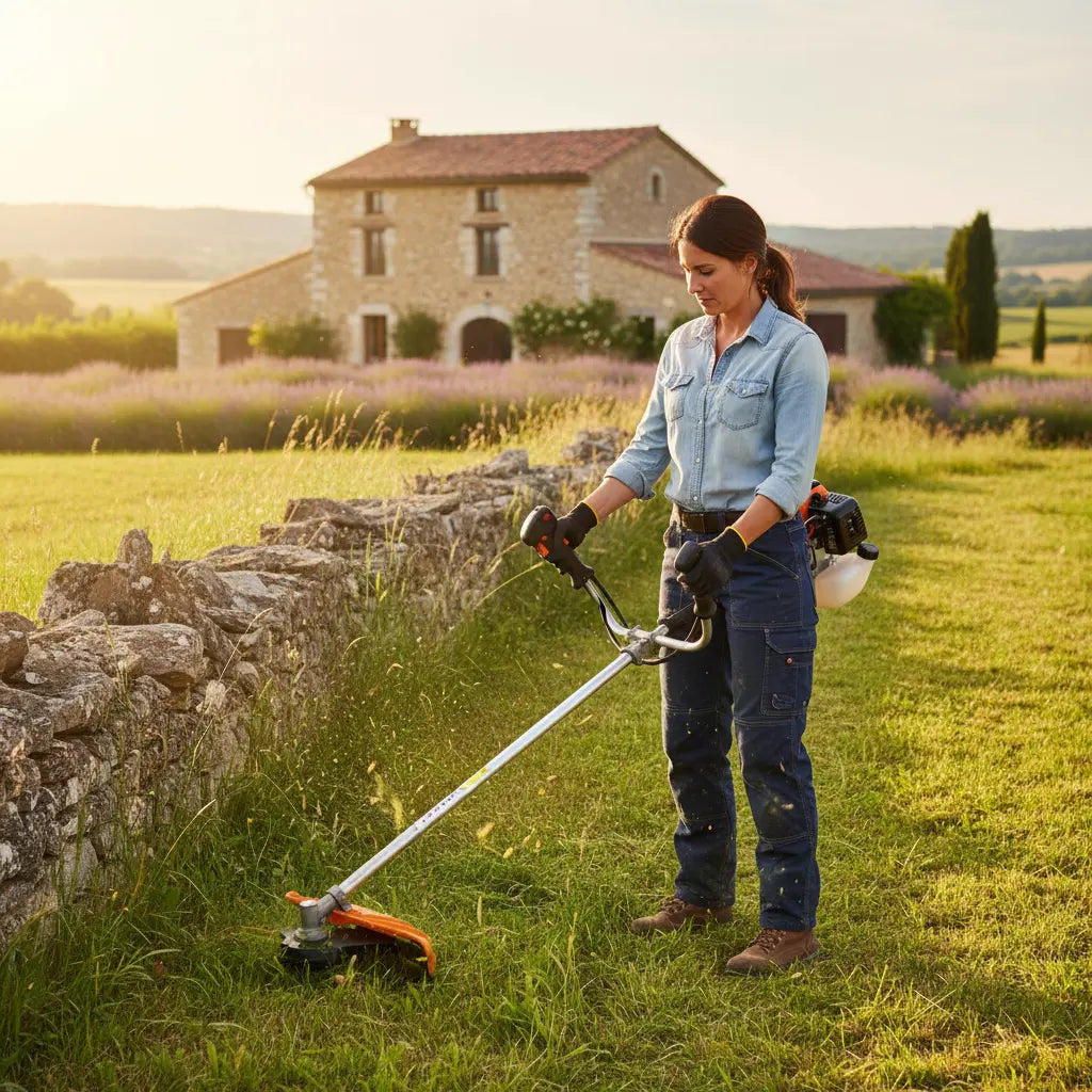 Woman trimming grass around stone fence on French countryside farm with S680 52cc gas lawn trimme-minisawpro
