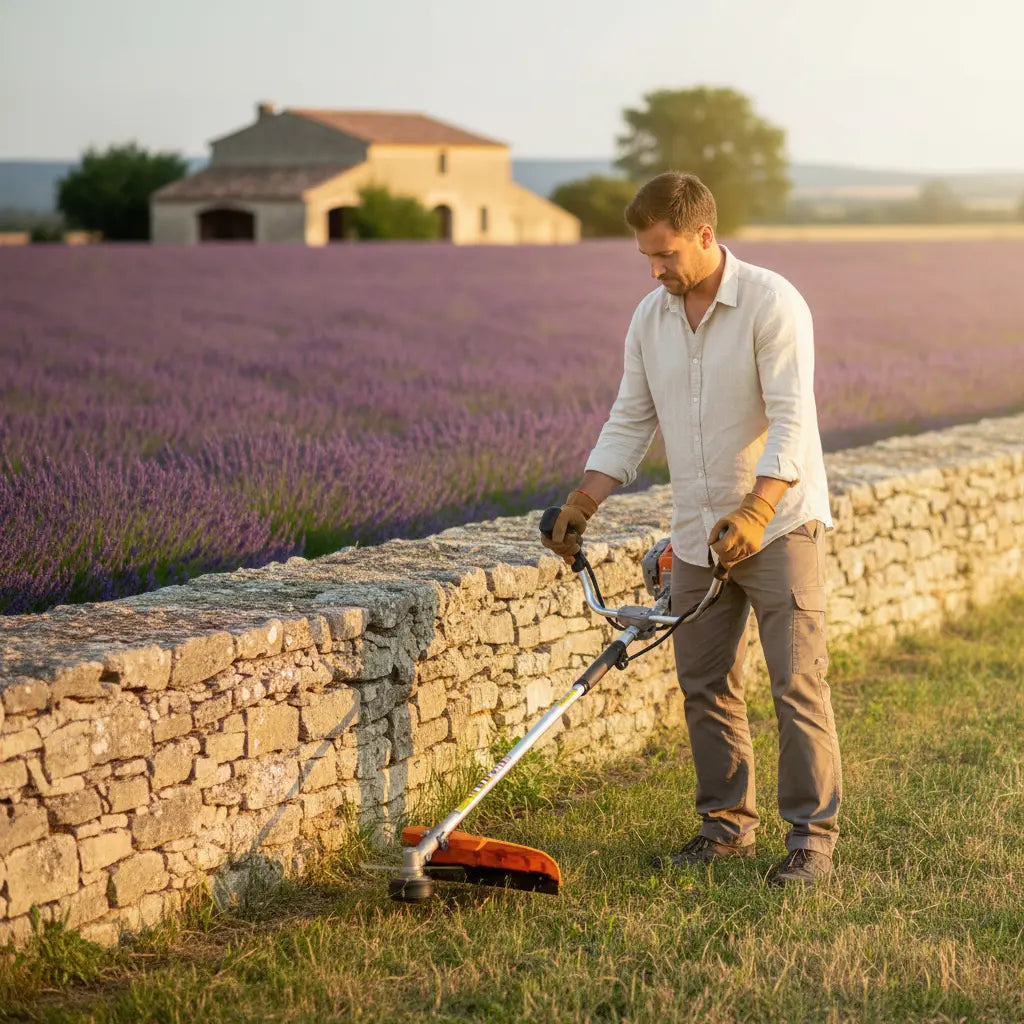 Man trimming grass around stone wall in Provence countryside with MIP139 4-stroke gas grass trimmer