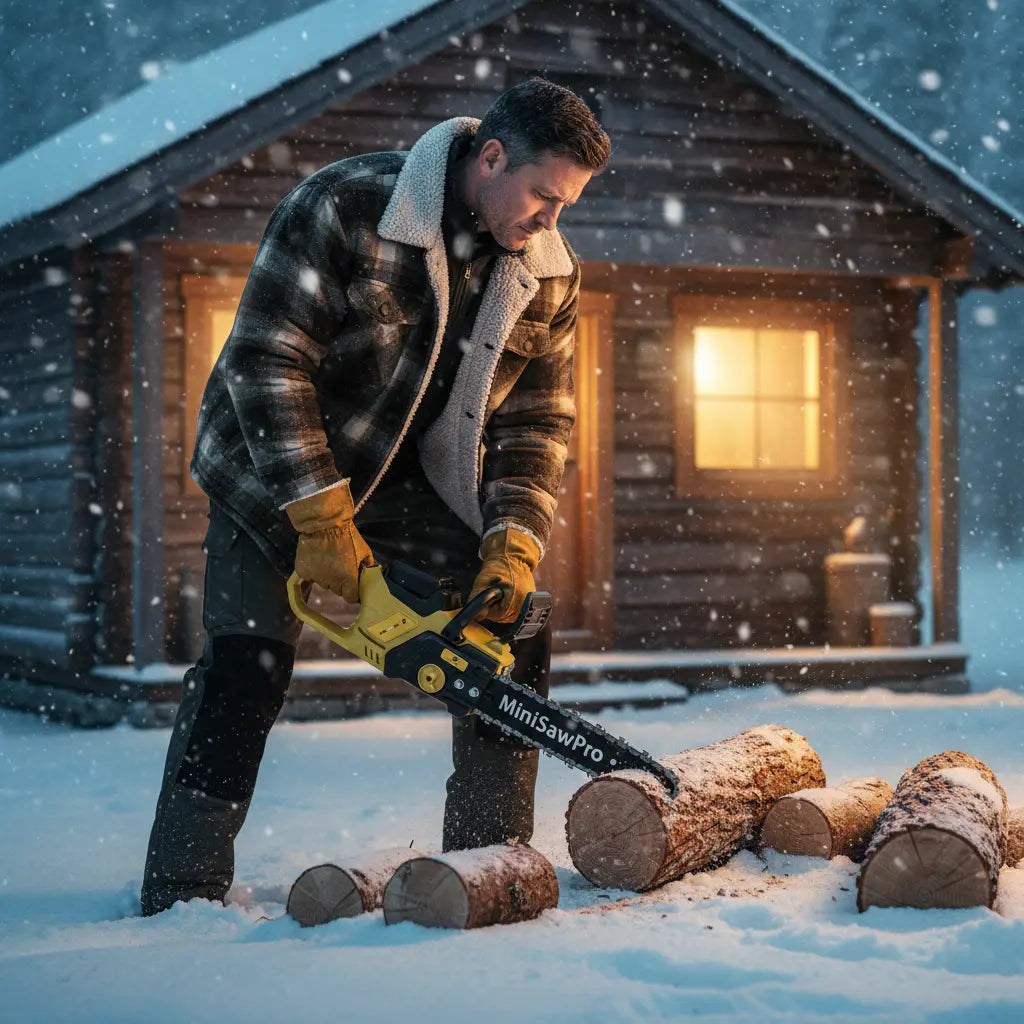Man cutting firewood near cabin in winter with MiniSawPro M13 professional cordless pruning chainsaw