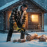 Man cutting firewood near cabin in winter with MiniSawPro M13 professional cordless pruning chainsaw