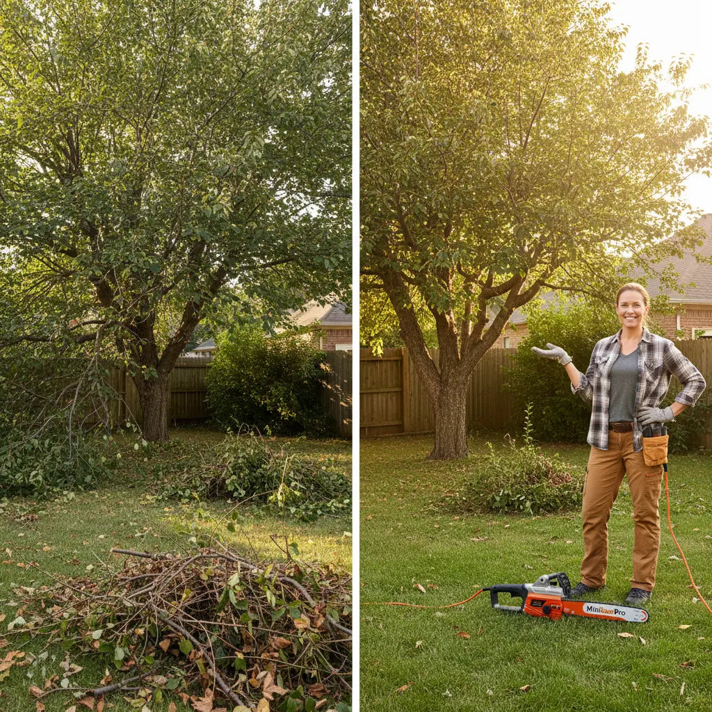 Before and after with MiniSawPro S580E corded electric chainsaw – overgrown yard vs neatly trimmed tree and cleared backyard