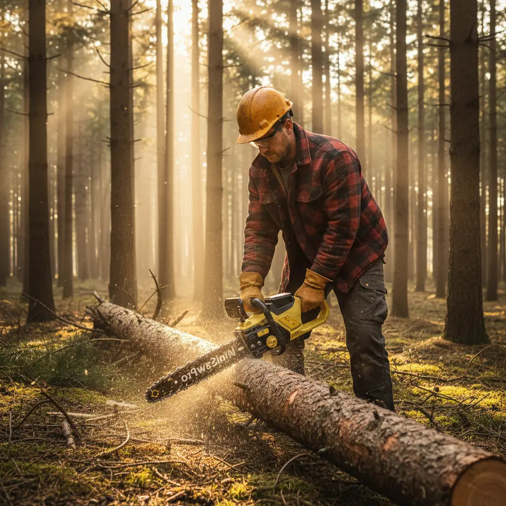 Man cutting fallen log in pine forest with MiniSawPro M13 cordless mini chainsaw – outdoor pruning saw