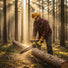 Man cutting fallen log in pine forest with MiniSawPro M13 cordless mini chainsaw – outdoor pruning saw