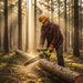 Man cutting fallen log in pine forest with MiniSawPro M13 cordless mini chainsaw – outdoor pruning saw