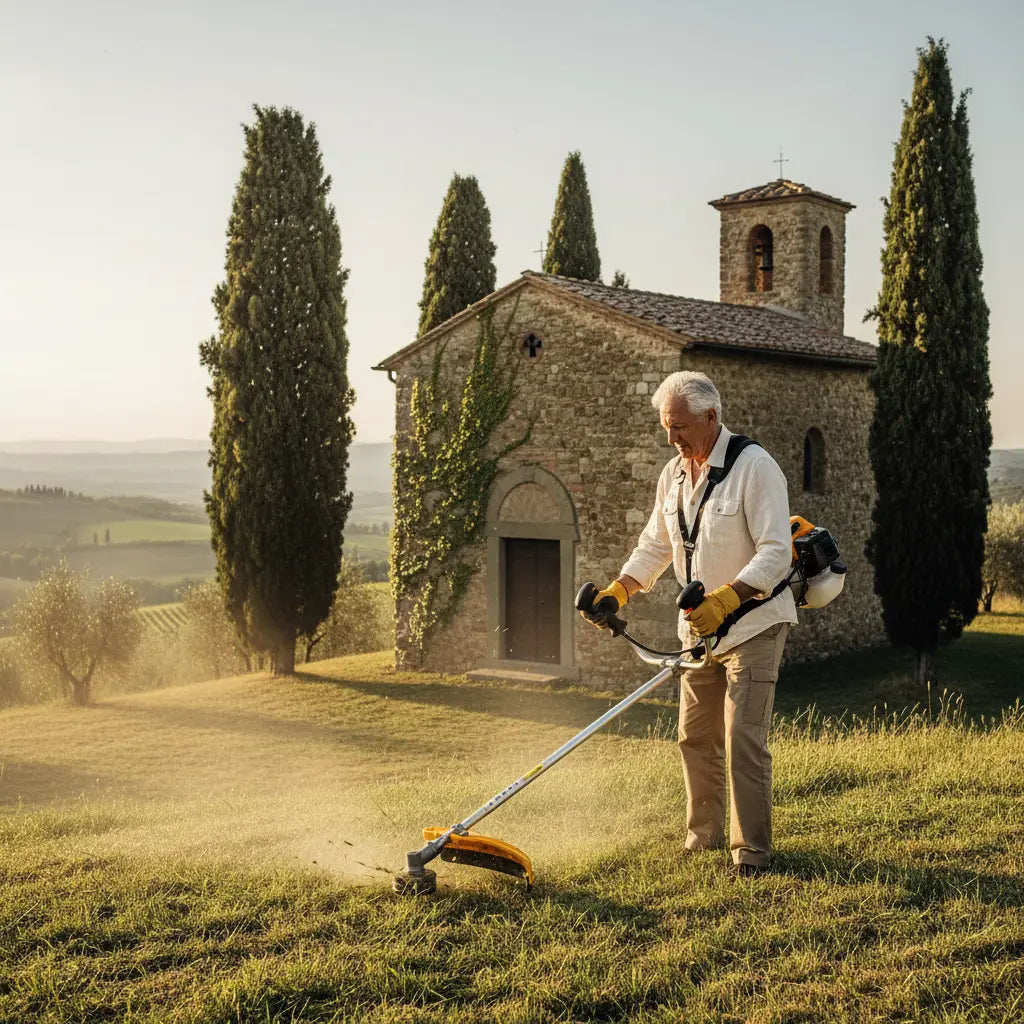 Elderly man trimming grass around stone chapel in Italian countryside with MIP2J11 52cc 2-stroke gas trimmer-minisawpro