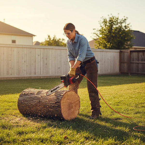 American woman cutting fallen tree trunk in suburban backyard with MiniSawPro S581E corded electric chainsaw and power cord