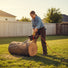 American woman cutting fallen tree trunk in suburban backyard with MiniSawPro S581E corded electric chainsaw and power cord