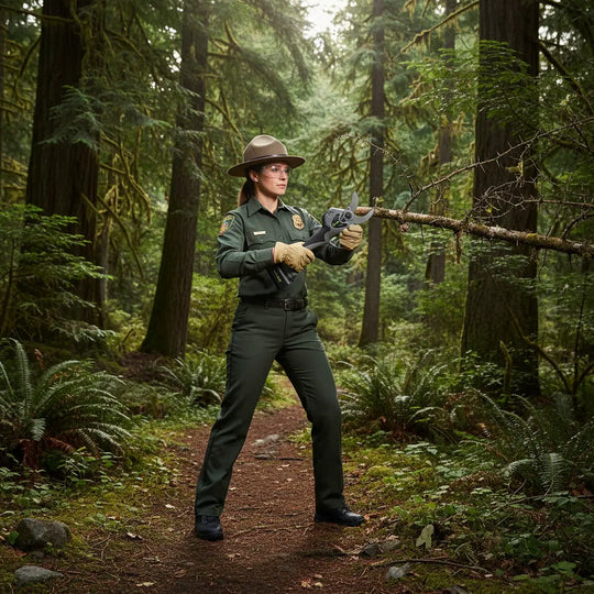  Female forest ranger pruning woodland trail branches with A6-MINISAWPRO cordless electric pruning shears