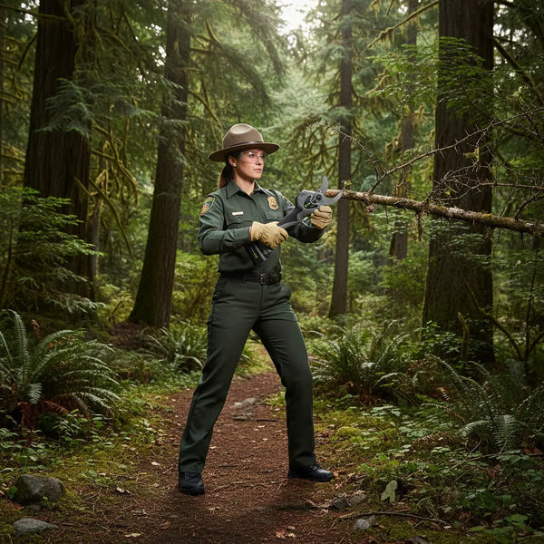  Female forest ranger pruning woodland trail branches with A6-MINISAWPRO cordless electric pruning shears