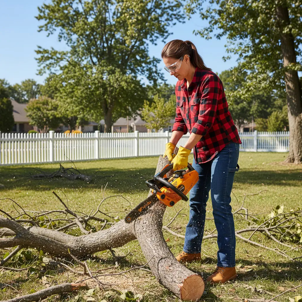 American woman cutting storm-fallen branches in Midwest suburban backyard with 2J000 25.4cc petrol chainsaw-minisawpro