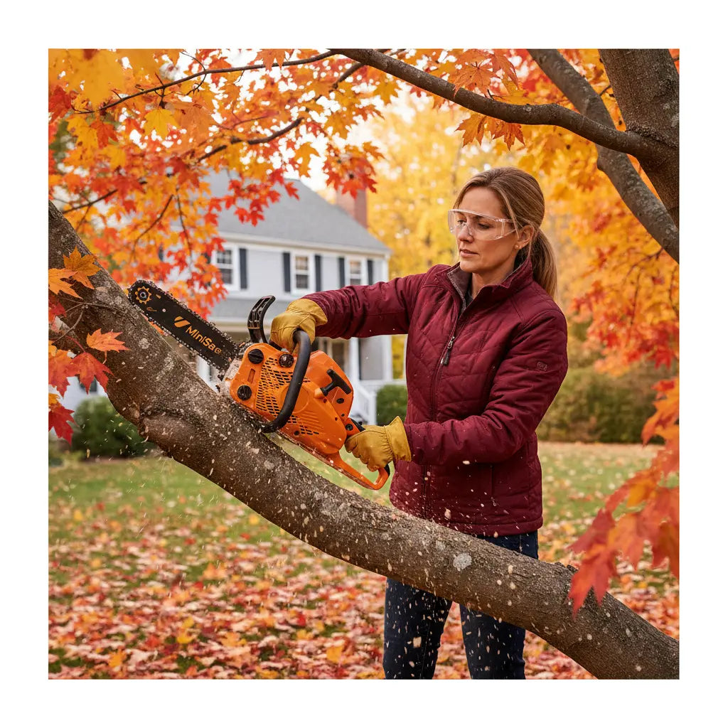 American woman pruning maple tree branches in New England autumn backyard with 2J000 25.4cc gas chainsaw-minisawpro