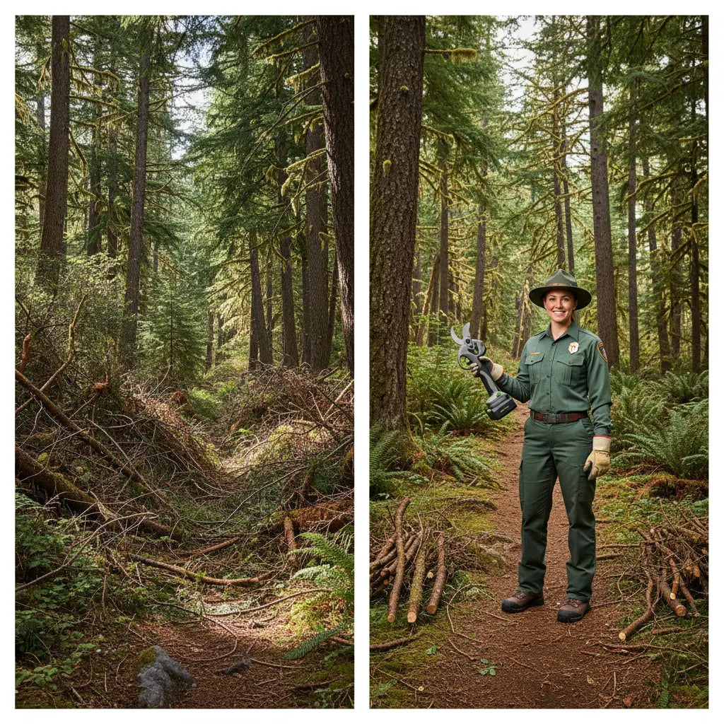 Before and after with A6-MINISAWPRO cordless electric pruning shears – overgrown blocked trail vs cleared woodland path