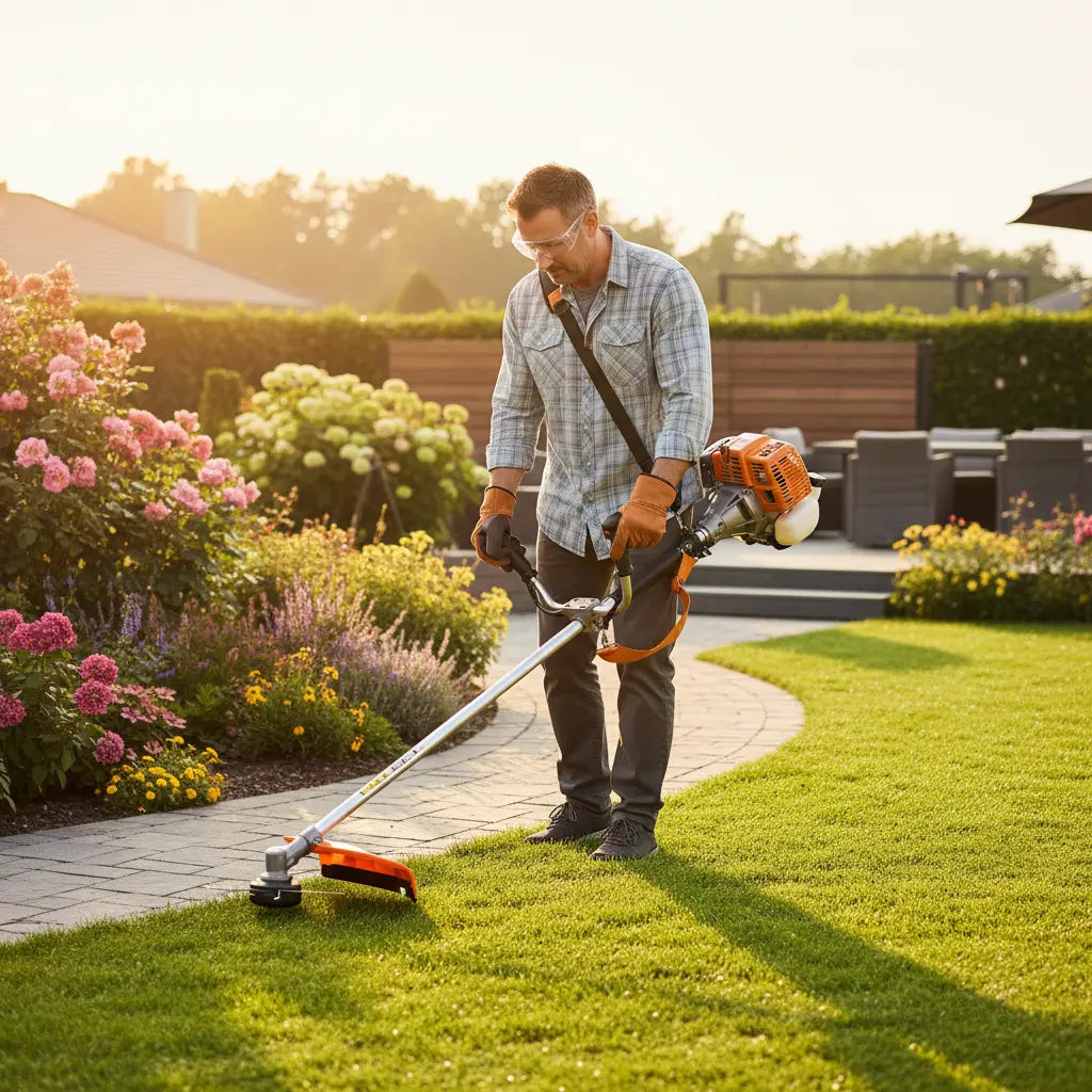 Man trimming garden path edges with MIP139 35.8cc 4-stroke gas grass trimmer – portable backyard lawn tool