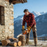 Man cutting firewood logs beside Alpine stone farmhouse with MIP6800 58cc heavy-duty gas chainsaw-minisawpro