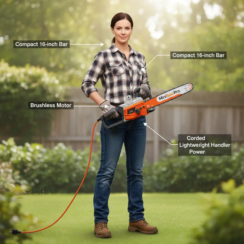 MiniSawPro S580E corded electric chainsaw compact 16-inch bar brushless motor lightweight handle – reliable corded power saw