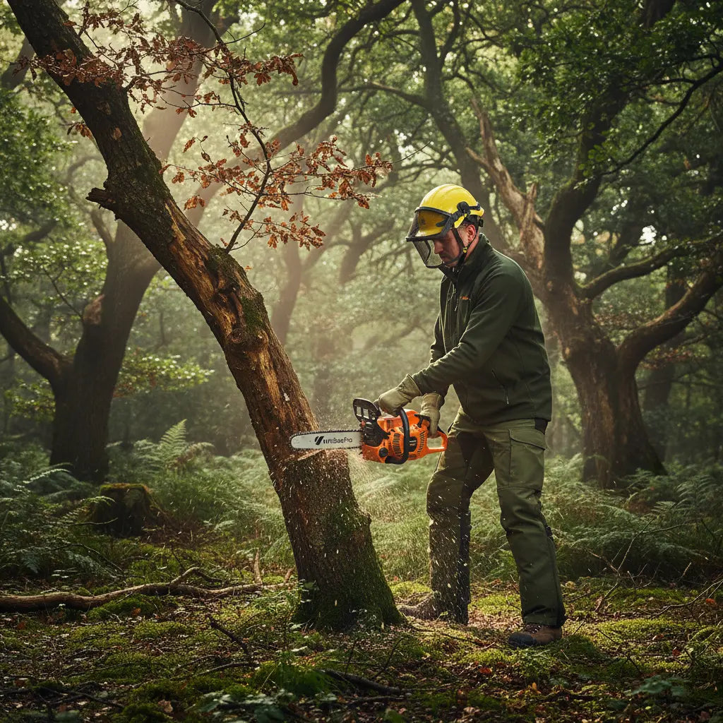 British forest ranger felling diseased tree in ancient English woodland with 2J00 25.4cc powerful petrol chainsaw-minisawpro