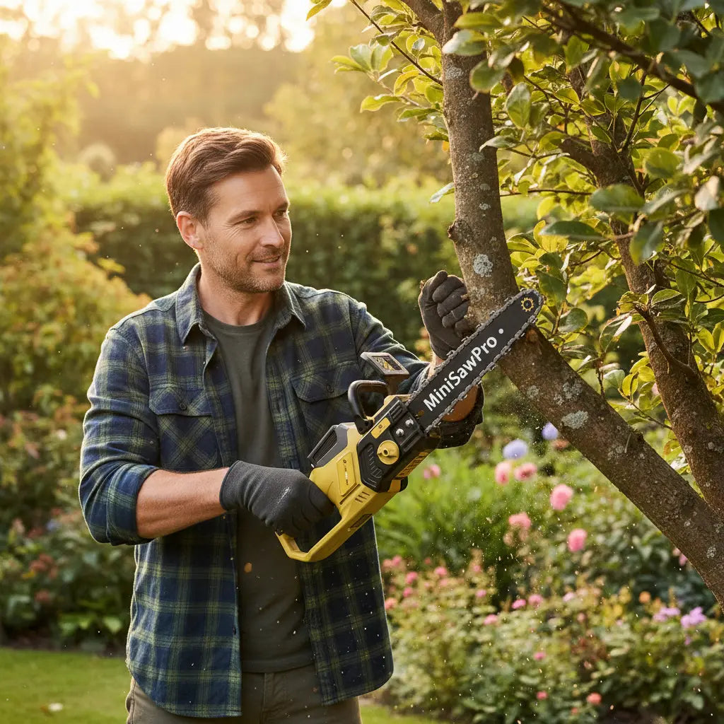 Man trimming tree branches in backyard garden with MiniSawPro M13 cordless mini chainsaw – lightweight pruning saw
