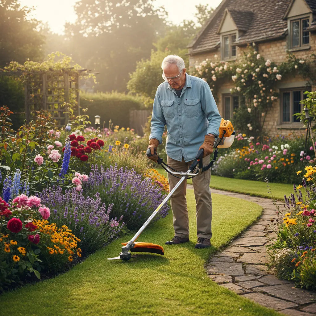 Elderly man trimming flower border edges in English cottage garden with J66 41.6cc 2-stroke gas grass trimmer-minisawpro