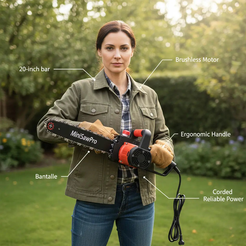 MiniSawPro S582E corded electric chainsaw 20-inch bar brushless motor ergonomic handle – reliable corded power saw