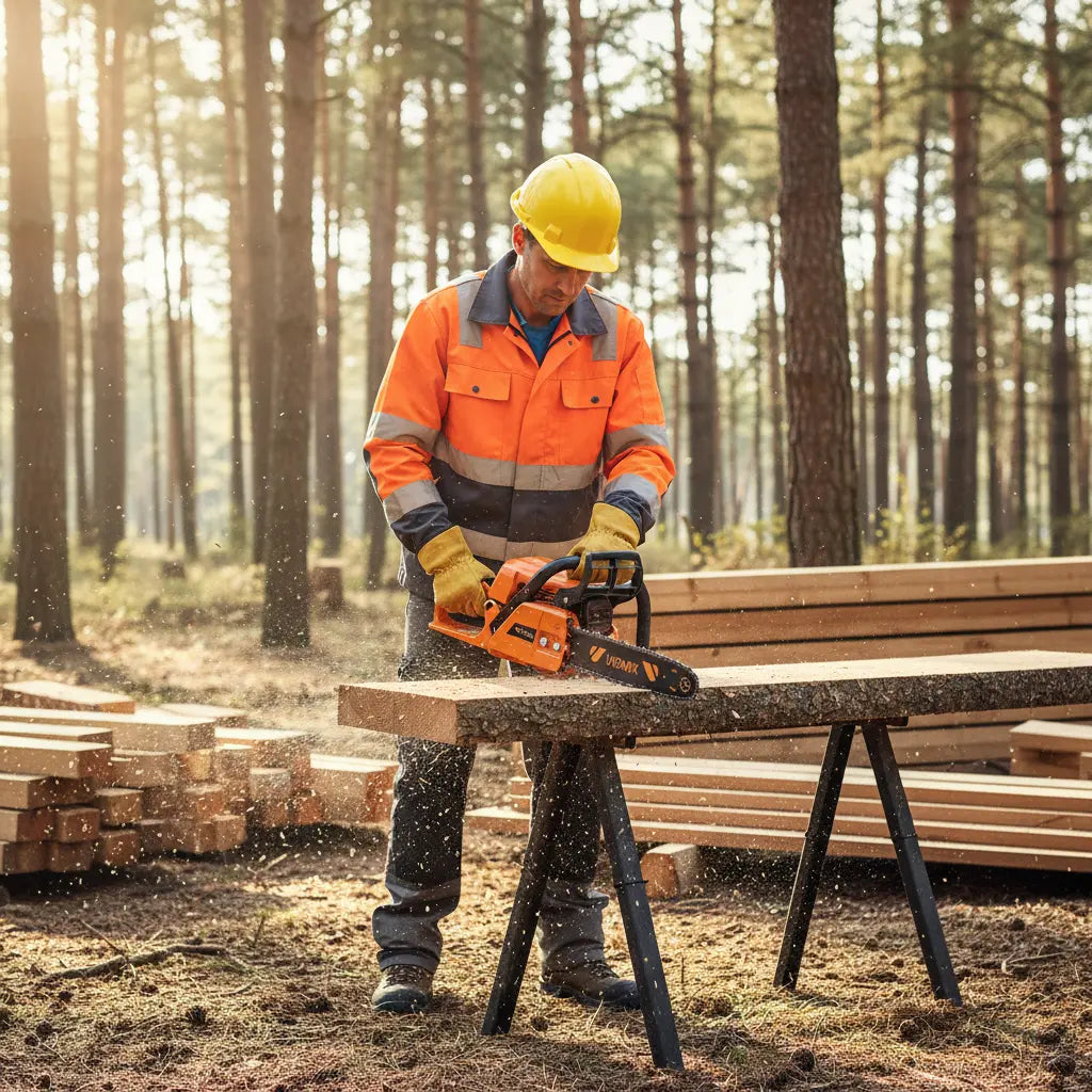 Construction worker cutting timber for wooden cabin frame in forest with MIP2J00 25.4cc compact gas chainsaw-minisawpro