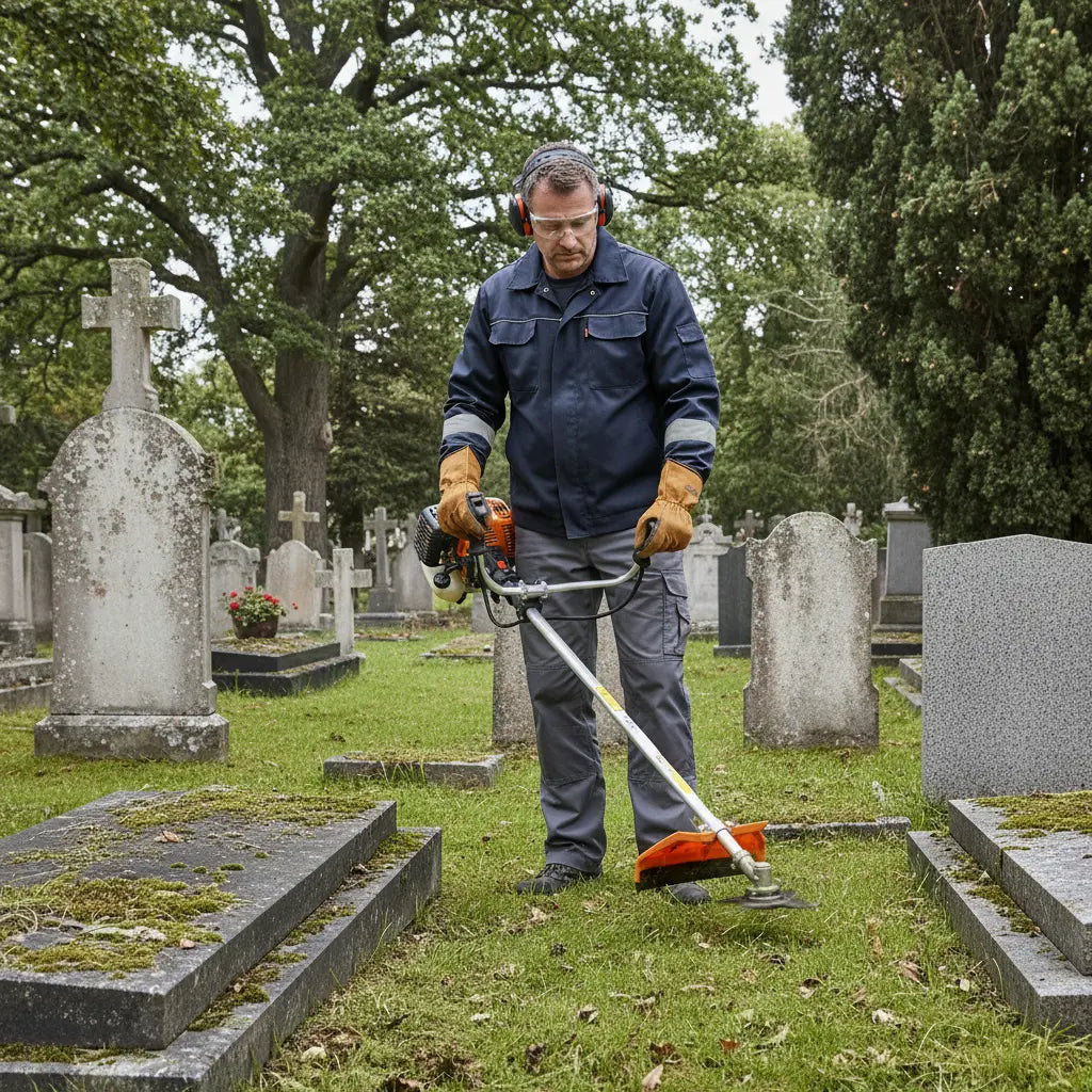 Professional landscaper trimming grass around historic cemetery gravestones with CLA220 52cc heavy-duty gas trimmer-minisawpro