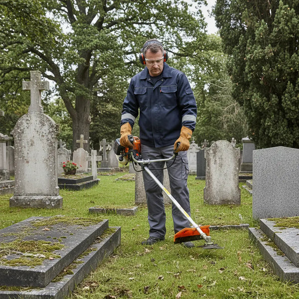 Professional landscaper trimming grass around historic cemetery gravestones with CLA220 52cc heavy-duty gas trimmer-minisawpro