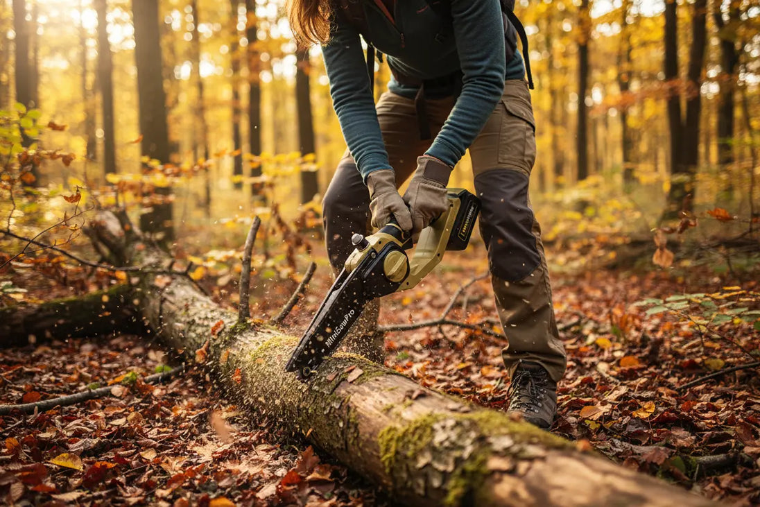 Woman cutting fallen log in autumn forest with MiniSawPro M10 mini chainsaw – portable cordless pruning saw outdoors