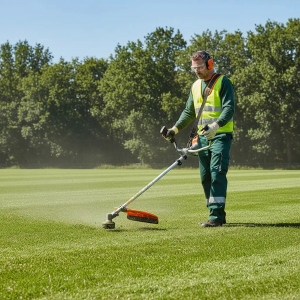 Man maintaining large sports field lawn with MIP139 35.8cc 4-stroke gas grass trimmer – professional lawn tool