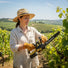 Woman pruning vineyard in Tuscany countryside with MiniSawPro M12 cordless mini chainsaw – compact cutting saw