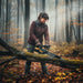 Woman cutting fallen branch in autumn forest with MiniSawPro M12 cordless pruning chainsaw – portable outdoor saw