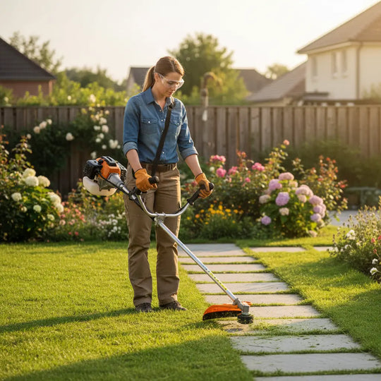 	Woman trimming garden path edges with S680 52cc gas grass trimmer – portable lawn mower for backyar-minisawpro