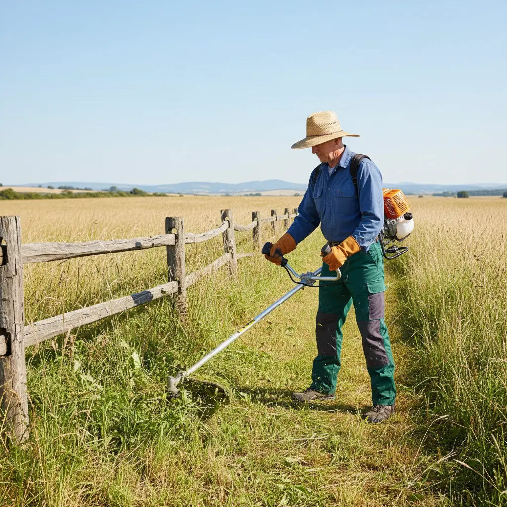 Man clearing tall weeds along wooden fence with MIP1399 quiet 4-stroke gas grass trimmer – portable lawn tool-minisawpro