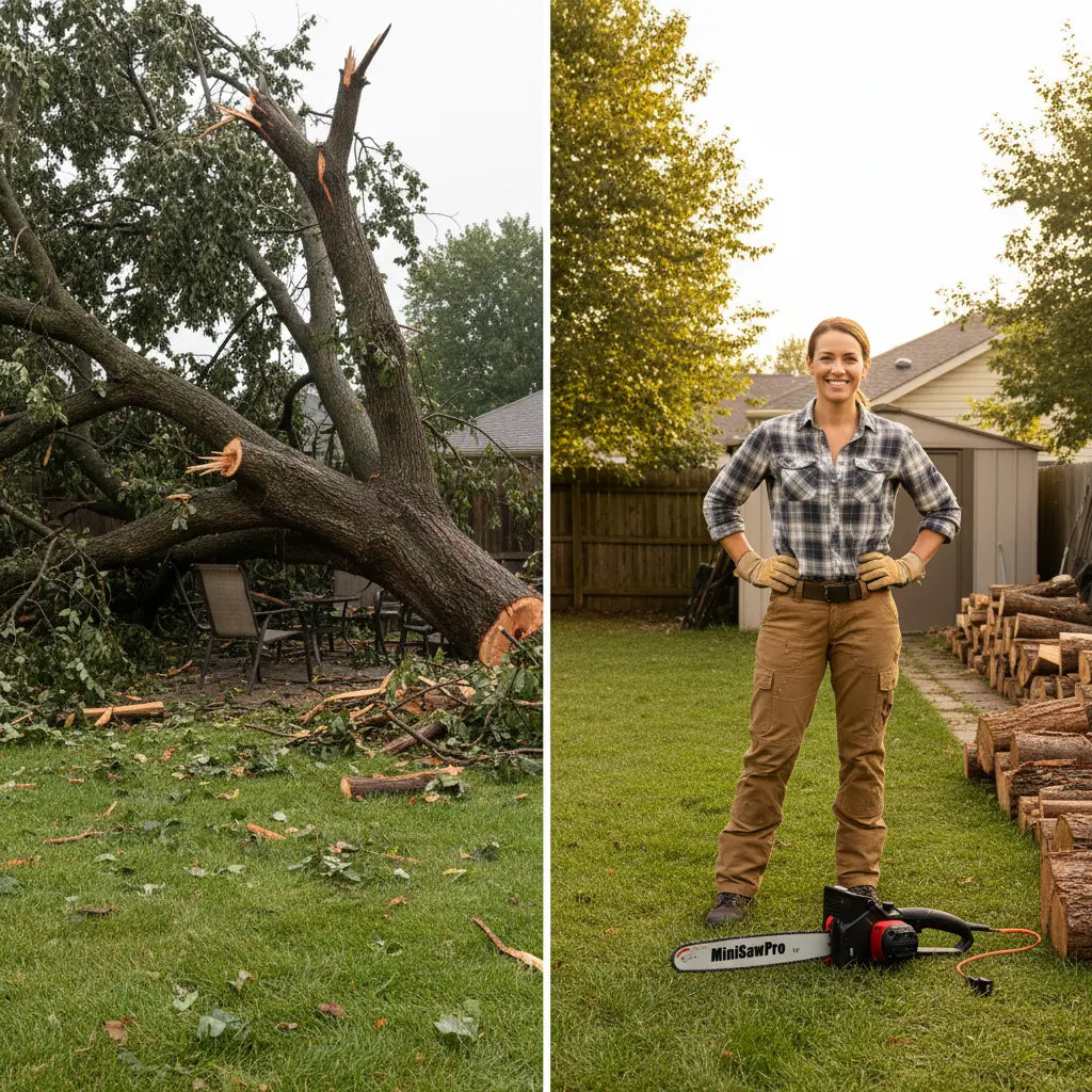 Before and after with MiniSawPro S581E corded electric chainsaw – storm-fallen tree vs cleared yard with stacked cut logs