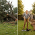 Before and after with MiniSawPro S581E corded electric chainsaw – storm-fallen tree vs cleared yard with stacked cut logs