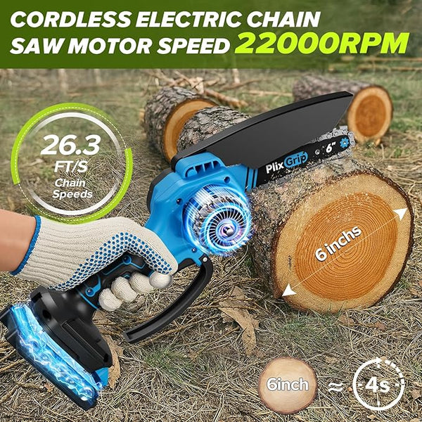 Mini Chainsaw, 6 Inch Mini Chainsaw cordless,21V with 2 Battery Powered Portable Handheld Small Chain Saw Use for Wood Cutting, Tree Trimming Handheld Saw, Home and Garden Tool (Bluce) Minichainsaw