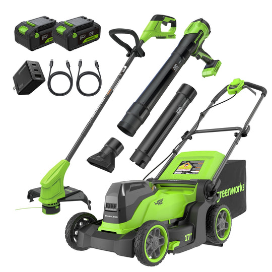 48V (24V x 2) 17" Push Cordless Lawn Mower, 270CFM Leaf Blower & 12" String Trimmer Combo Kit w/ (2) 4.0Ah Batteries, 65W Type-C Charger & (2) 3-FT Cables greenworkstools