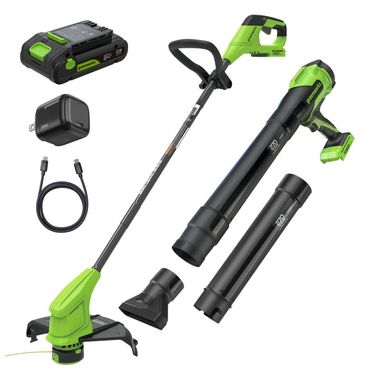24V 12" Cordless Battery String Trimmer and 270 CFM Blower Combo Kit w/ 2.0Ah Battery, 30W Type-C Charger & (2) 3-Ft Cables greenworkstools