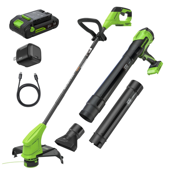 24V 12" Cordless Battery String Trimmer and 270 CFM Blower Combo Kit w/ 2.0Ah Battery, 30W Type-C Charger & (2) 3-Ft Cables greenworkstools