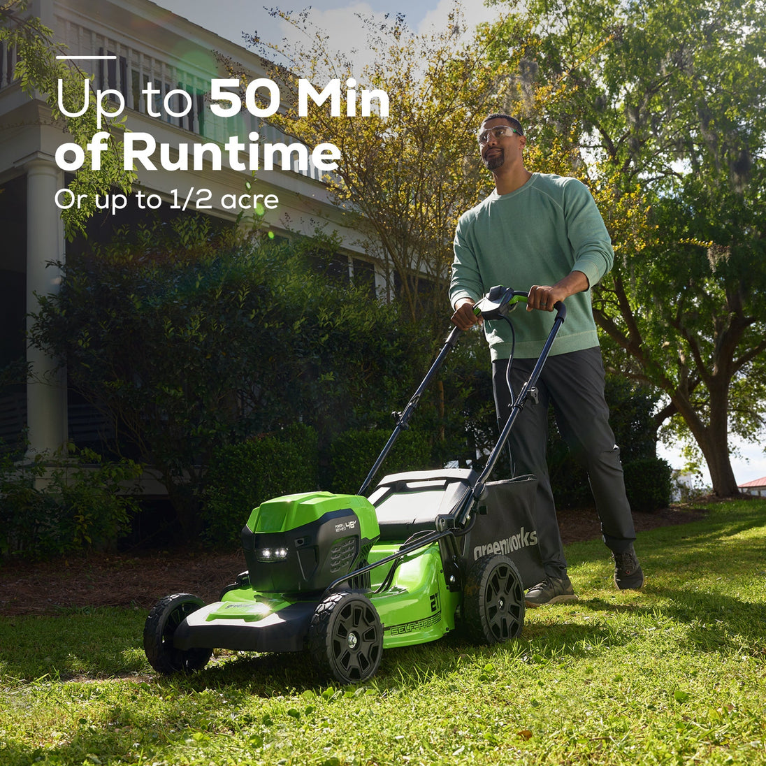 48V (24V x 2) 21" Cordless Battery Self-Propelled Mower 3PC Combo Kit: (2) 5.0Ah Batteries,(1) 2.0 Ah Battery,(1) Dual-Port Rapid Charger and (1) 2A Charger greenworkstools