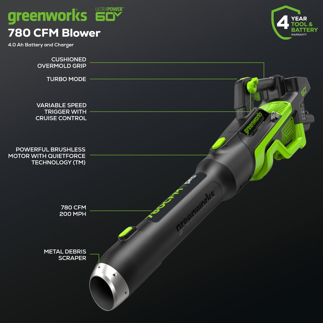 Pro 60V 780CFM Cordless Battery Leaf Blower, 4Ah Battery and Charger Greenworks