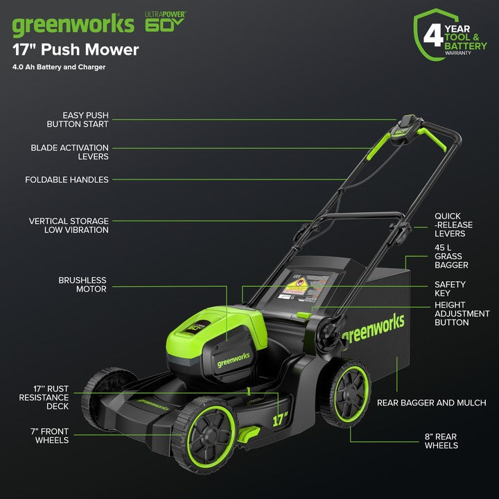 60V 17" Cordless Battery Push Lawn Mower 3PC Combo Kit: 4.0 Ah Battery and Charger greenworkstools