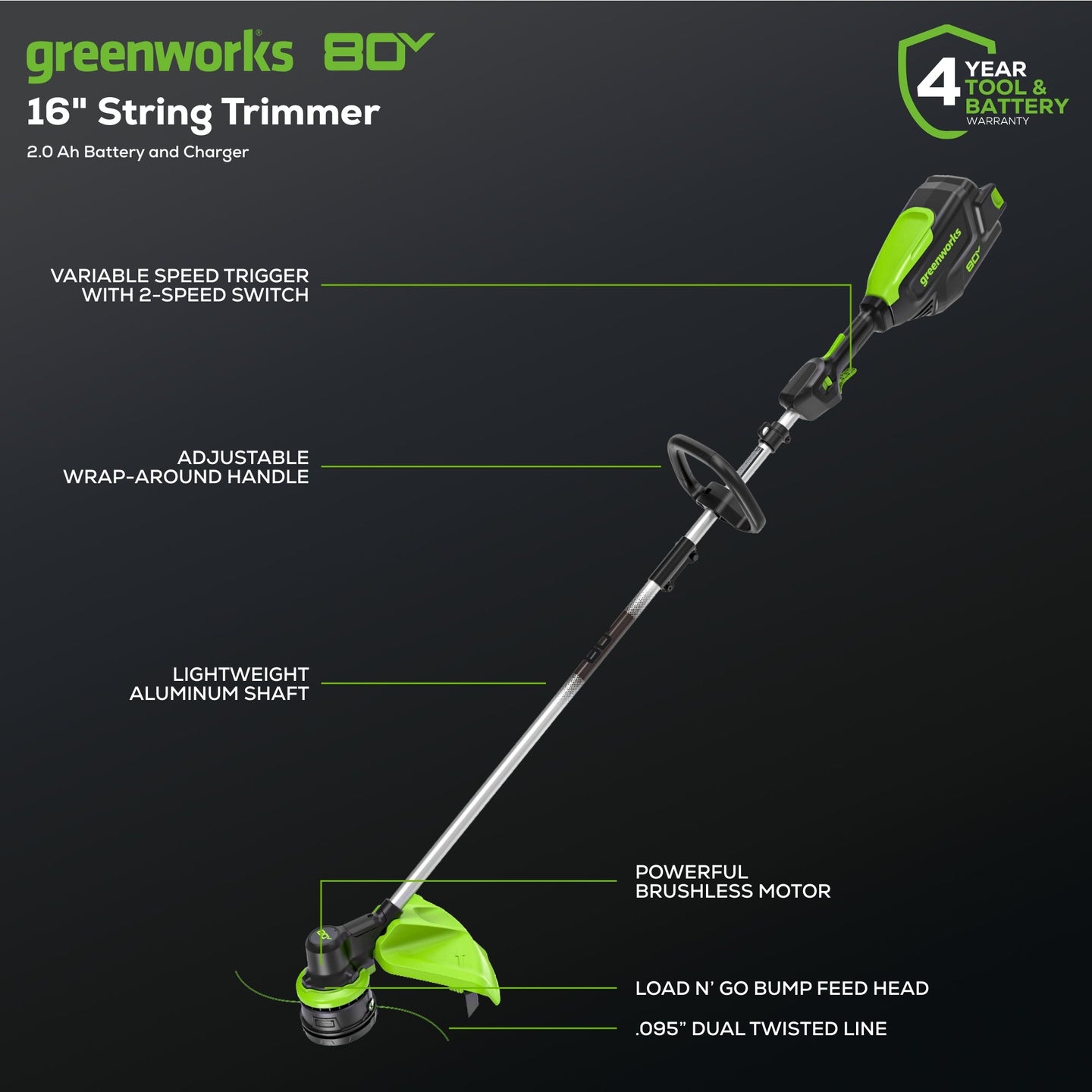 80V 16" Cordless Battery String Trimmer and 8" Edger Combo Kit: 2.0 Ah Battery and Charger greenworkstools