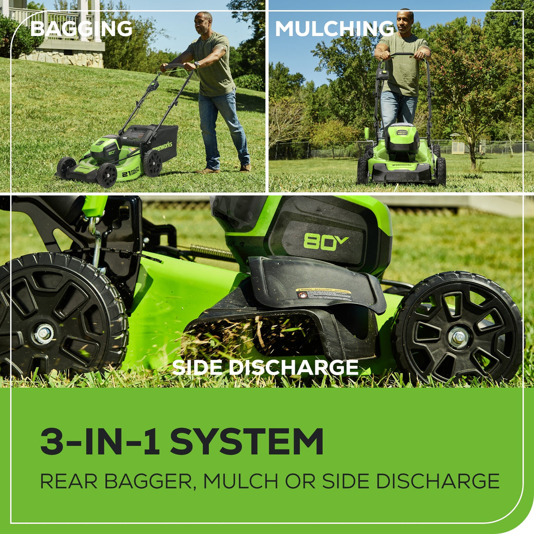 80V 21" Cordless Battery 3-in-1 Push Mower 3pc Combo Kit: (2) 2.0 Ah Batteries and Rapid Charger greenworkstools